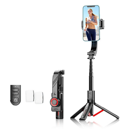 C08 Handheld Stabilizer with 2 Fill Lights , Anti-Shake Gimbal Tripod Selfie Stick for Live Streaming - Black+Red - 1