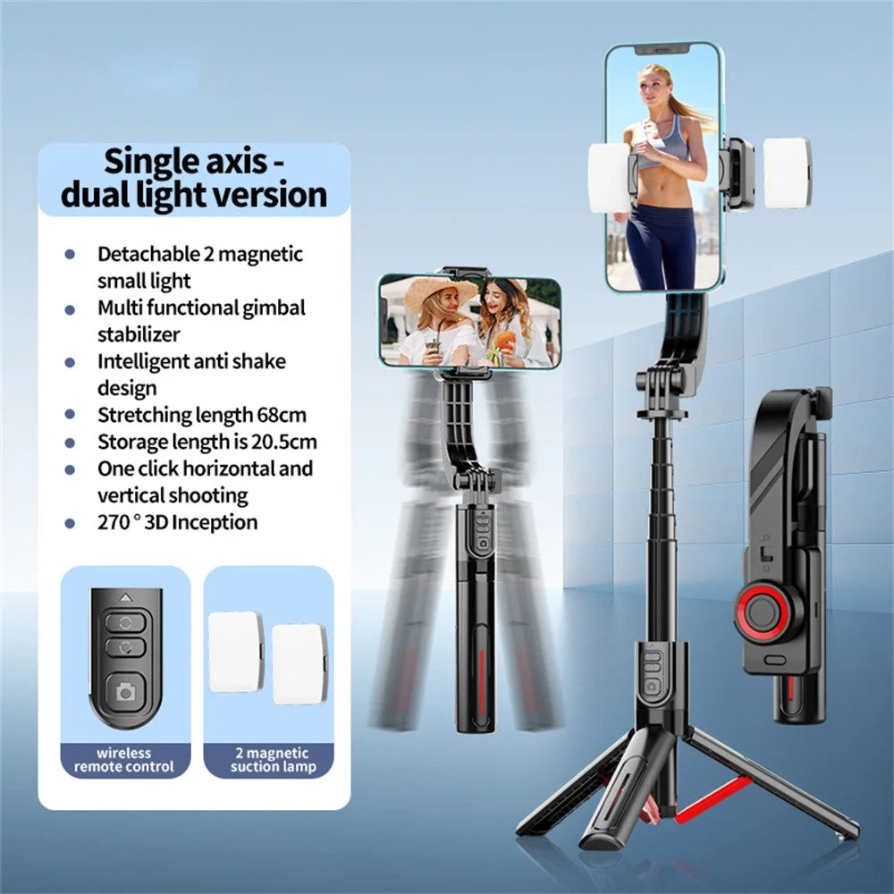 C08 Handheld Stabilizer with 2 Fill Lights , Anti-Shake Gimbal Tripod Selfie Stick for Live Streaming - Black+Red - 3