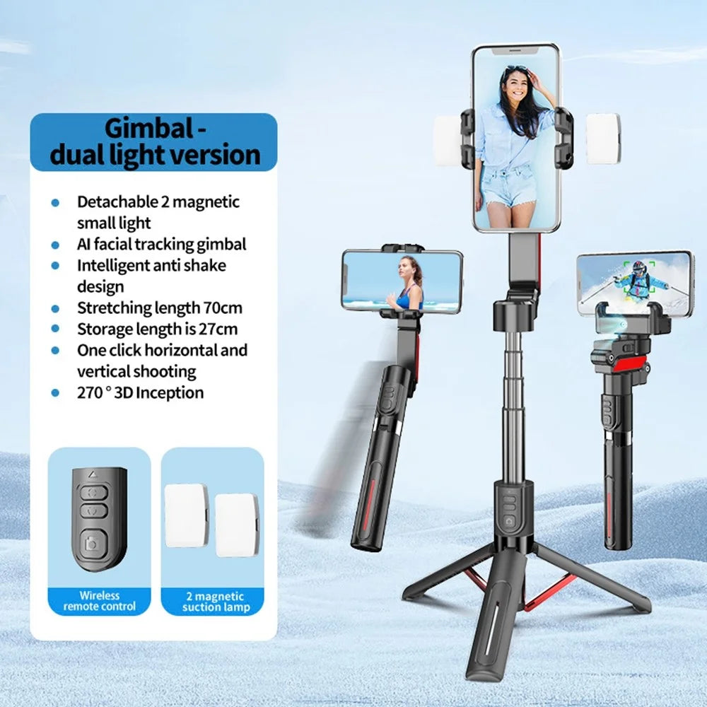 C10 Handheld Phone Stabilizer Gimbal AI Face Tracking Vlog Live Streaming Selfie Stick with 2 Fill Lights - Black+Red - 2
