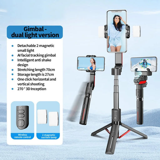 C10 Handheld Phone Stabilizer Gimbal AI Face Tracking Vlog Live Streaming Selfie Stick with 2 Fill Lights - Black+Red - 2