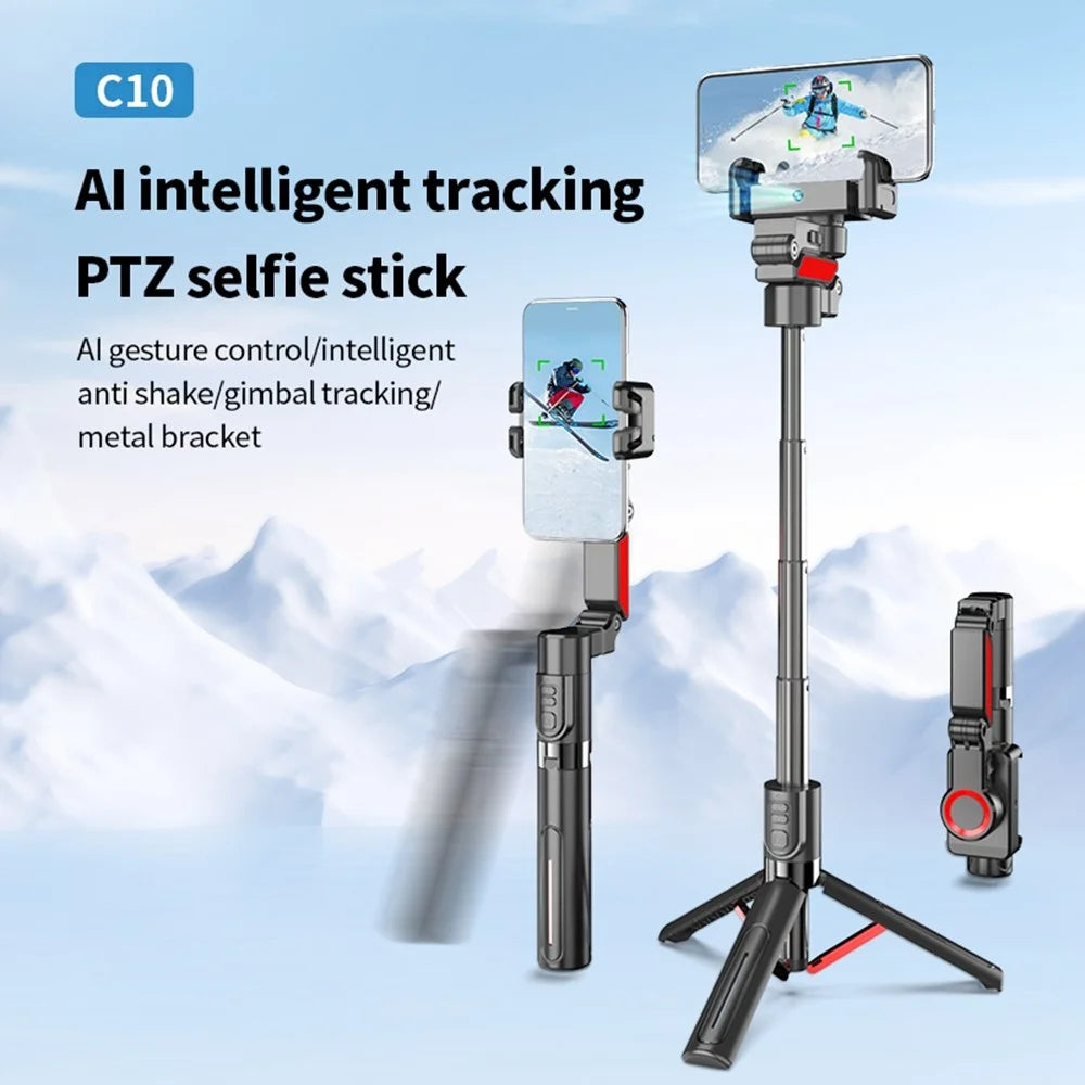 C10 Handheld Phone Stabilizer Gimbal AI Face Tracking Vlog Live Streaming Selfie Stick with 1 Fill Light - Black+Red - 3