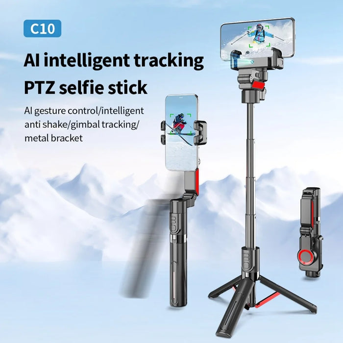 C10 Handheld Phone Stabilizer Gimbal AI Face Tracking Vlog Live Streaming Selfie Stick with 1 Fill Light - Black+Red - 3