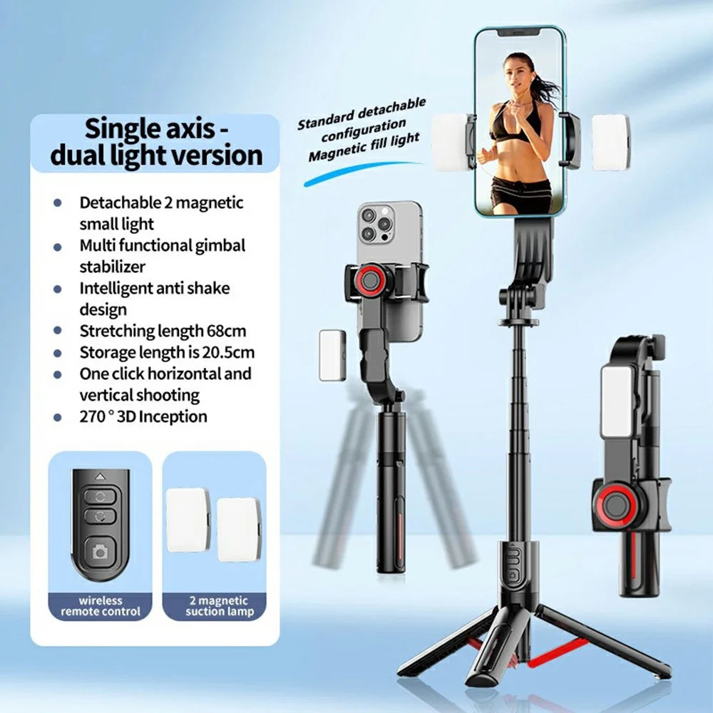 C09 Gimbal Stabilizer Selfie Stick with Dual Fill Light for Smartphones Anti Shake Single Axis Stabilizer - Red  /  Black - 2