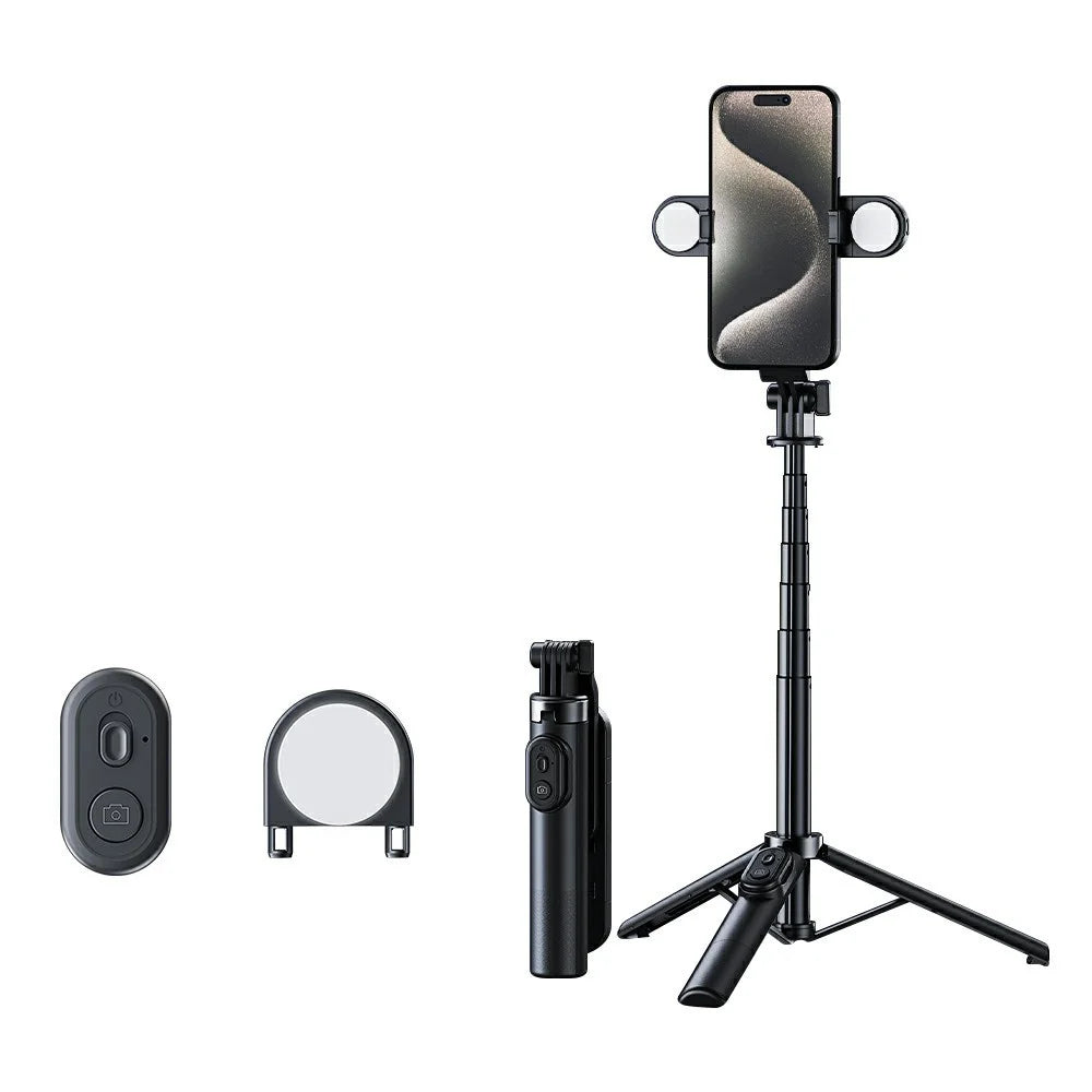 A07 Mini Bluetooth-compatible Selfie Stick with Dual Fill Lights Cell Phone Metal Tripod Stand - Black - 1