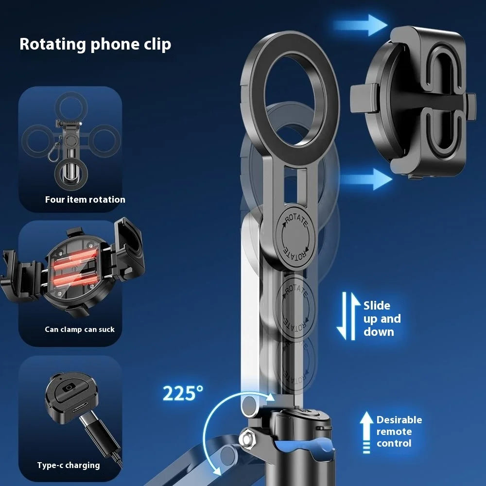 P15-C 2 In 1 Magnetic Phone Holder Telescopic Selfie Stick Portable Tripod Stand with Square Fill Light - Black - 4