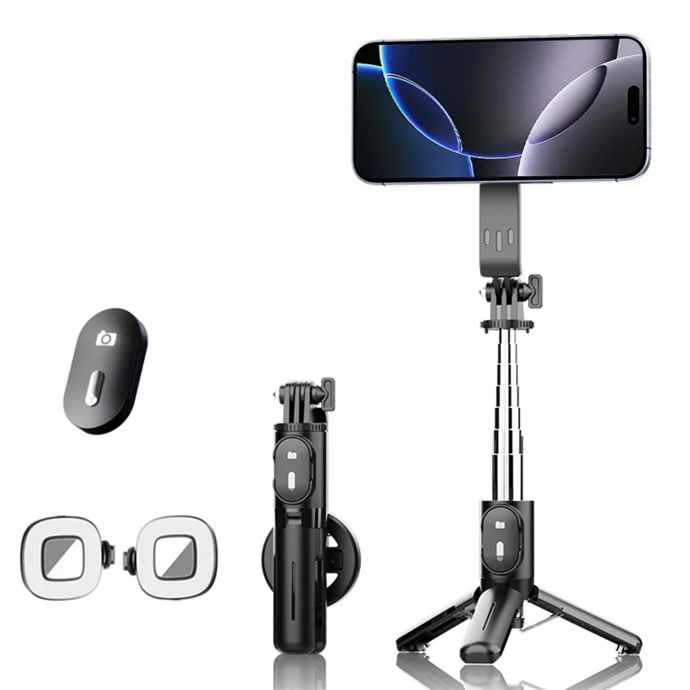 P08Y Pro F2 Portable Travel Selfie Stick Tripod Mini Phone Stand with Remote Control + 2 Fill Lights - Black - 1