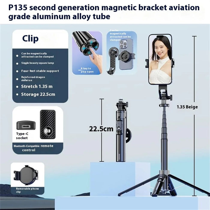 P135 Handheld Phone Selfie Stick Anti-Shake Magnetic Extendable Four-Legged Bracket for Photography / Vlogging - Black - 2