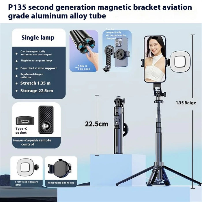 P135 Handheld Phone Selfie Stick Anti-Shake Magnetic Extendable Four-Legged Bracket with 1 Fill Light - Black - 2