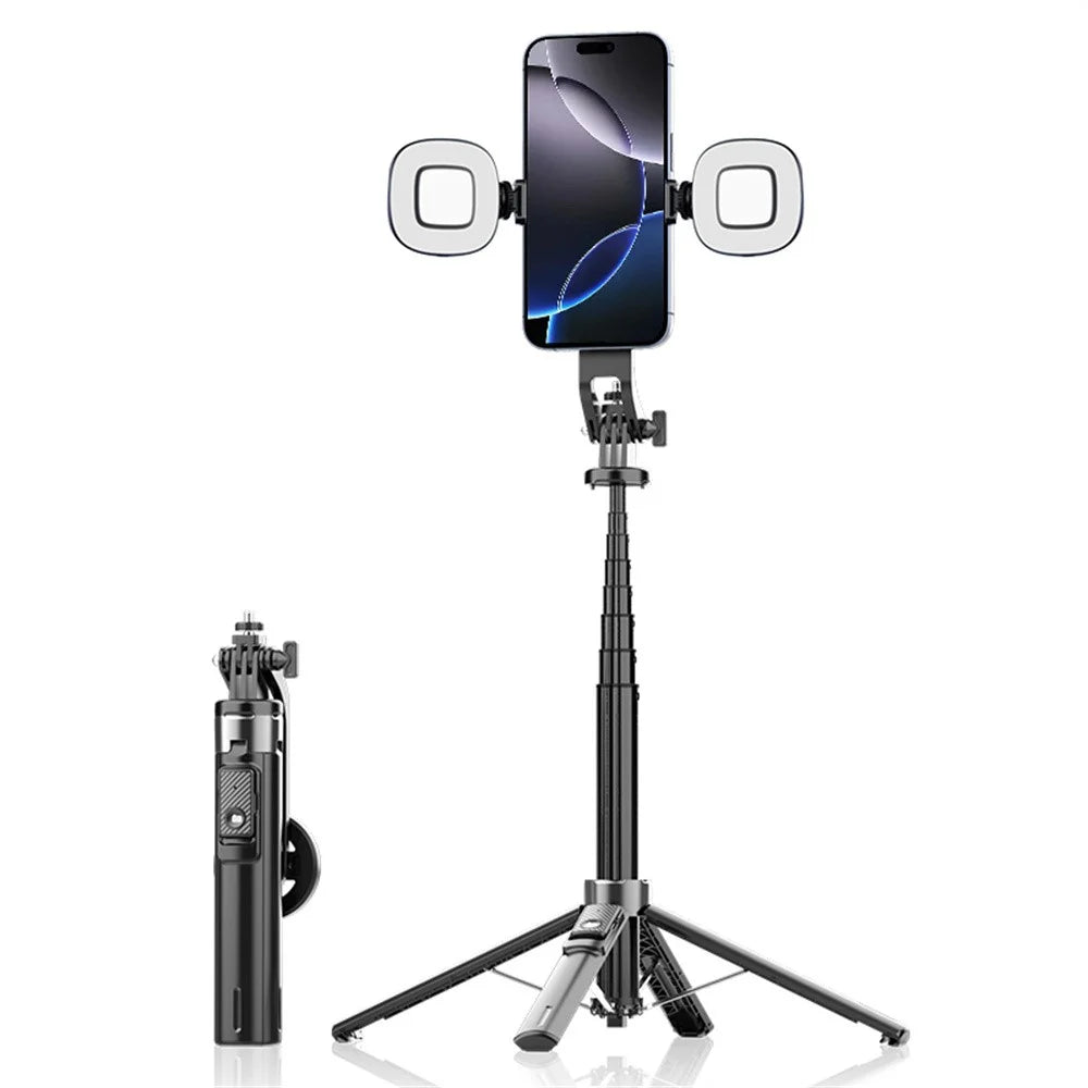 P135 Handheld Phone Selfie Stick Anti-Shake Magnetic Extendable Four-Legged Bracket with 2 Fill Lights - Black - 1