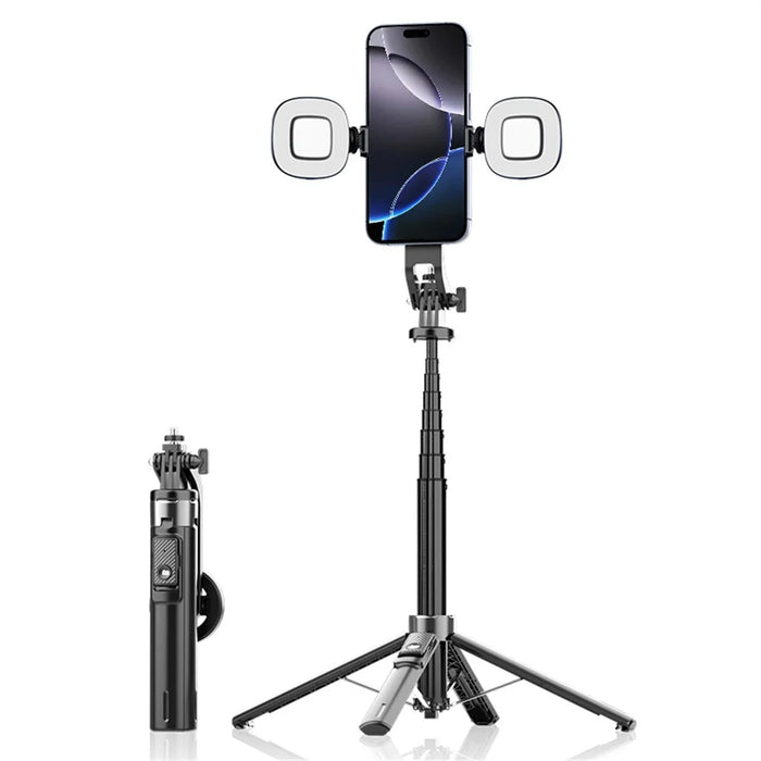 P135 Handheld Phone Selfie Stick Anti-Shake Magnetic Extendable Four-Legged Bracket with 2 Fill Lights - Black - 1