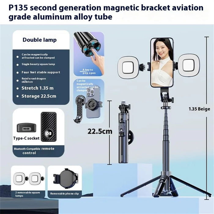 P135 Handheld Phone Selfie Stick Anti-Shake Magnetic Extendable Four-Legged Bracket with 2 Fill Lights - Black - 2