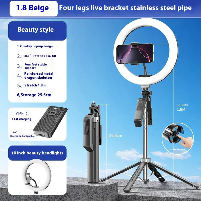 P18 Portable Photography Live Streaming Selfie Stick Anti-Shake Gimbal 4-Leg Bracket with 10 Inch Ring Light - Black - 2
