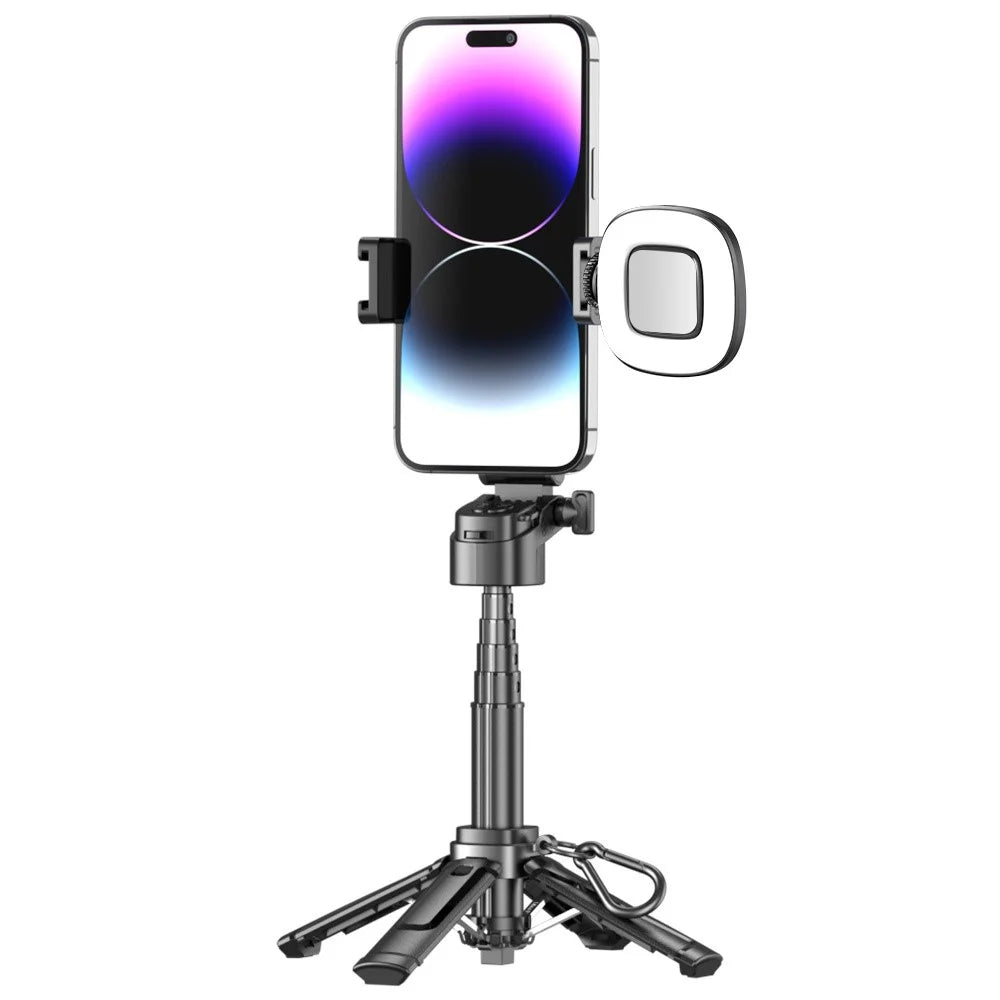P25T Portable Selfie Stick Adjustable Zoom Bluetooth-Compatible Remote Control Extendable Bracket with 1 Square Light - Black - 1