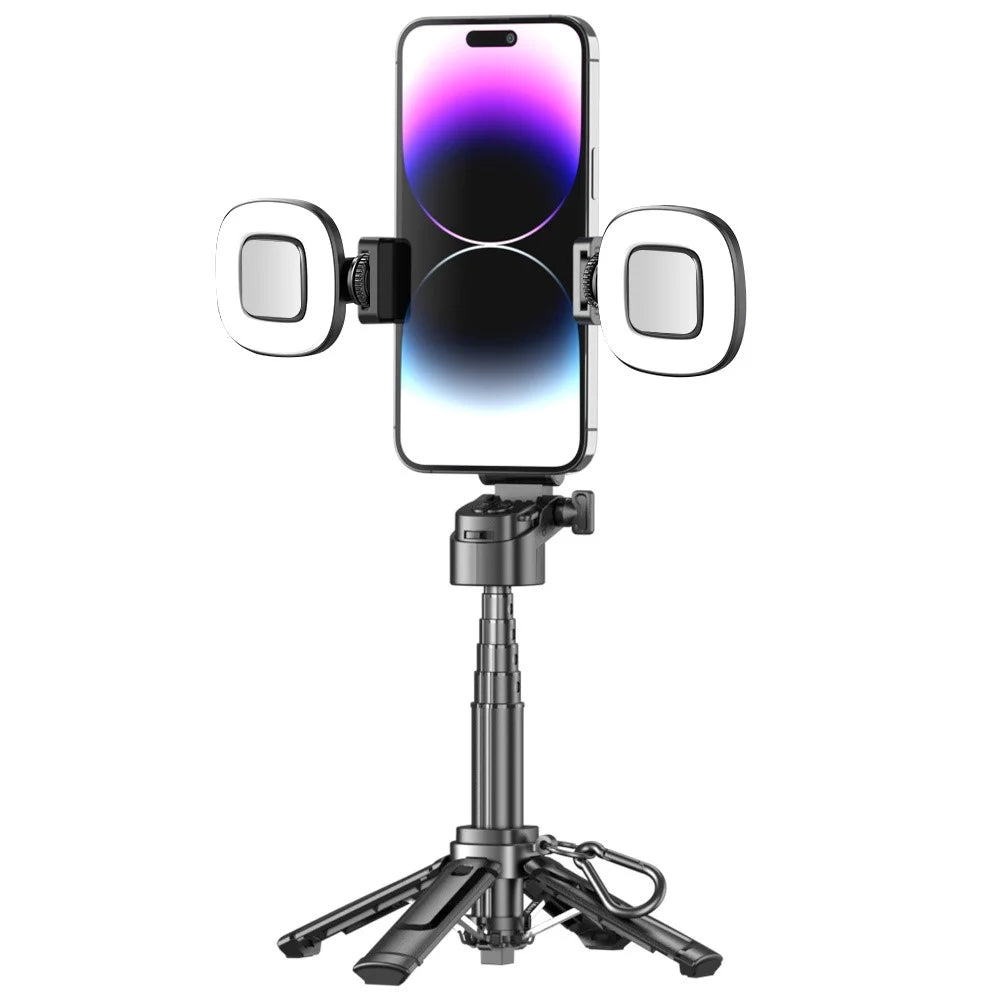 P25T Portable Selfie Stick Adjustable Zoom Bluetooth-Compatible Remote Control Extendable Bracket with 2 Square Lights - Black - 1
