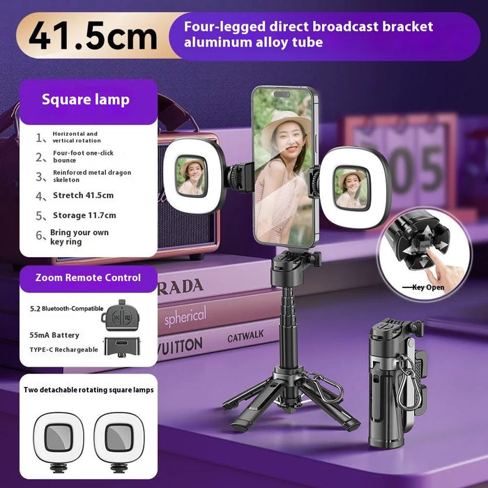 P25T Portable Selfie Stick Adjustable Zoom Bluetooth-Compatible Remote Control Extendable Bracket with 2 Square Lights - Black - 2