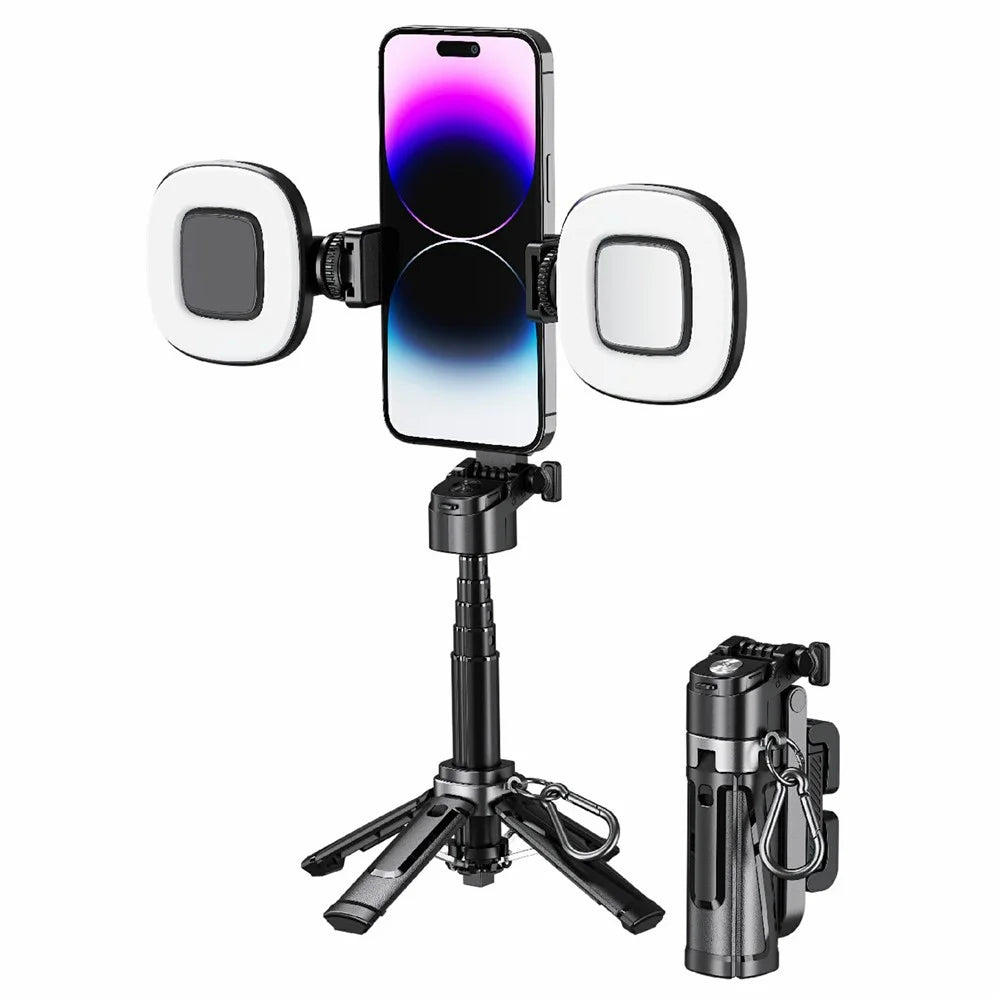 P25 Portable Travel Handheld Phone Selfie Stick Extendable Anti Shake Four-Legged Bracket with 2 Fill Lights - Black - 1