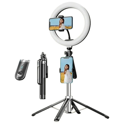 P190 Phone Selfie Stick Bluetooth-Compatible Extendable Floor Stand Four-Leg Bracket with 10 Inch Ring Light - 1