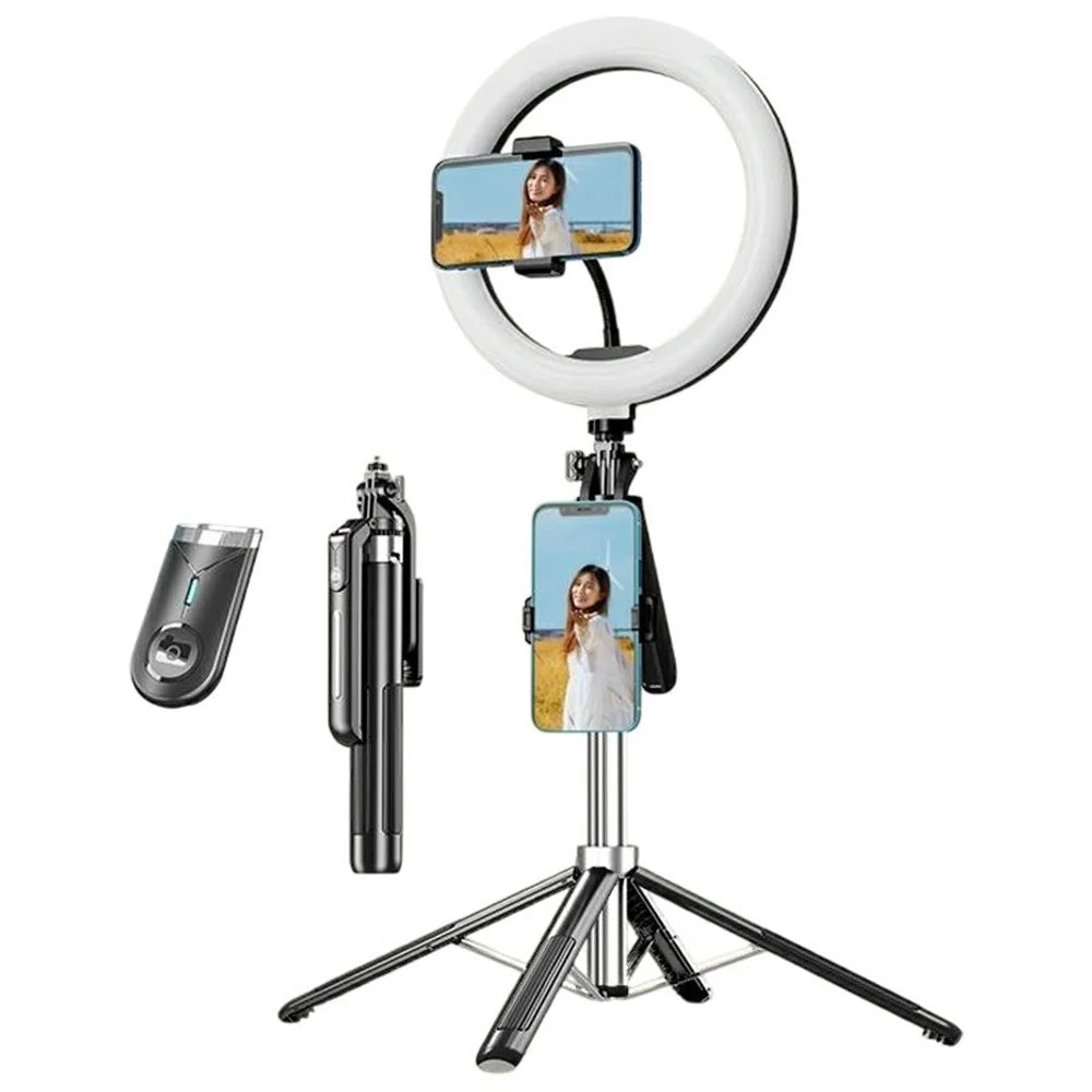 P190 Phone Selfie Stick Bluetooth-Compatible Extendable Floor Stand Four-Leg Bracket with 10 Inch Ring Light - 1