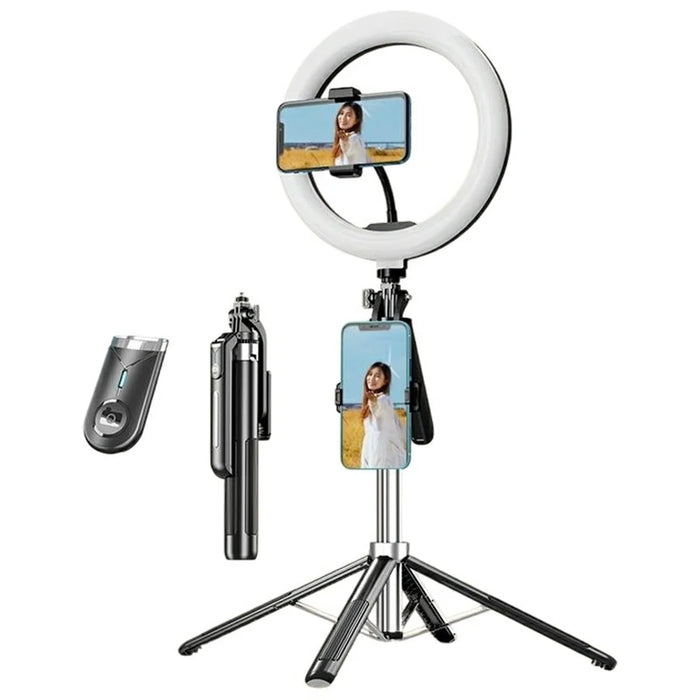 P190 Phone Selfie Stick Bluetooth-Compatible Extendable Floor Stand Four-Leg Bracket with 10 Inch Ring Light - 1