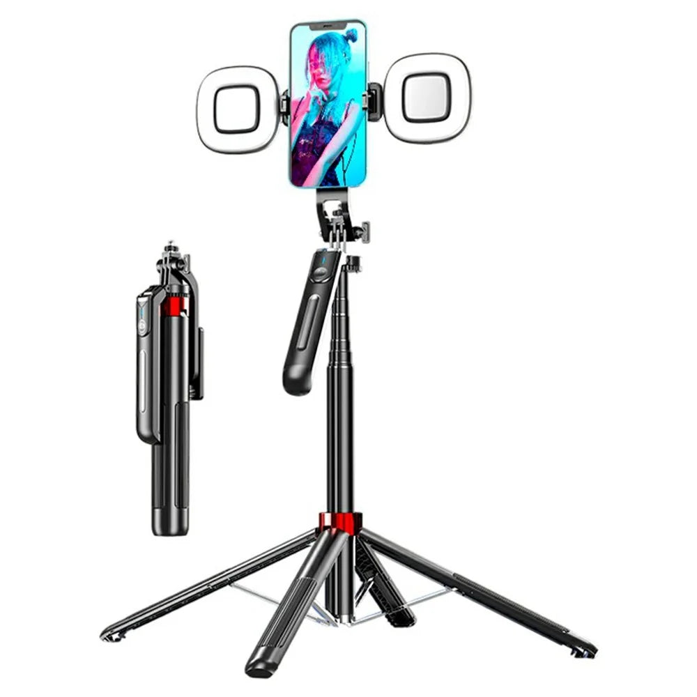 P195 Bluetooth-Compatible Selfie Stick Extendable Phone Stand Four-Leg Bracket with 2 Square Fill Lights - 1