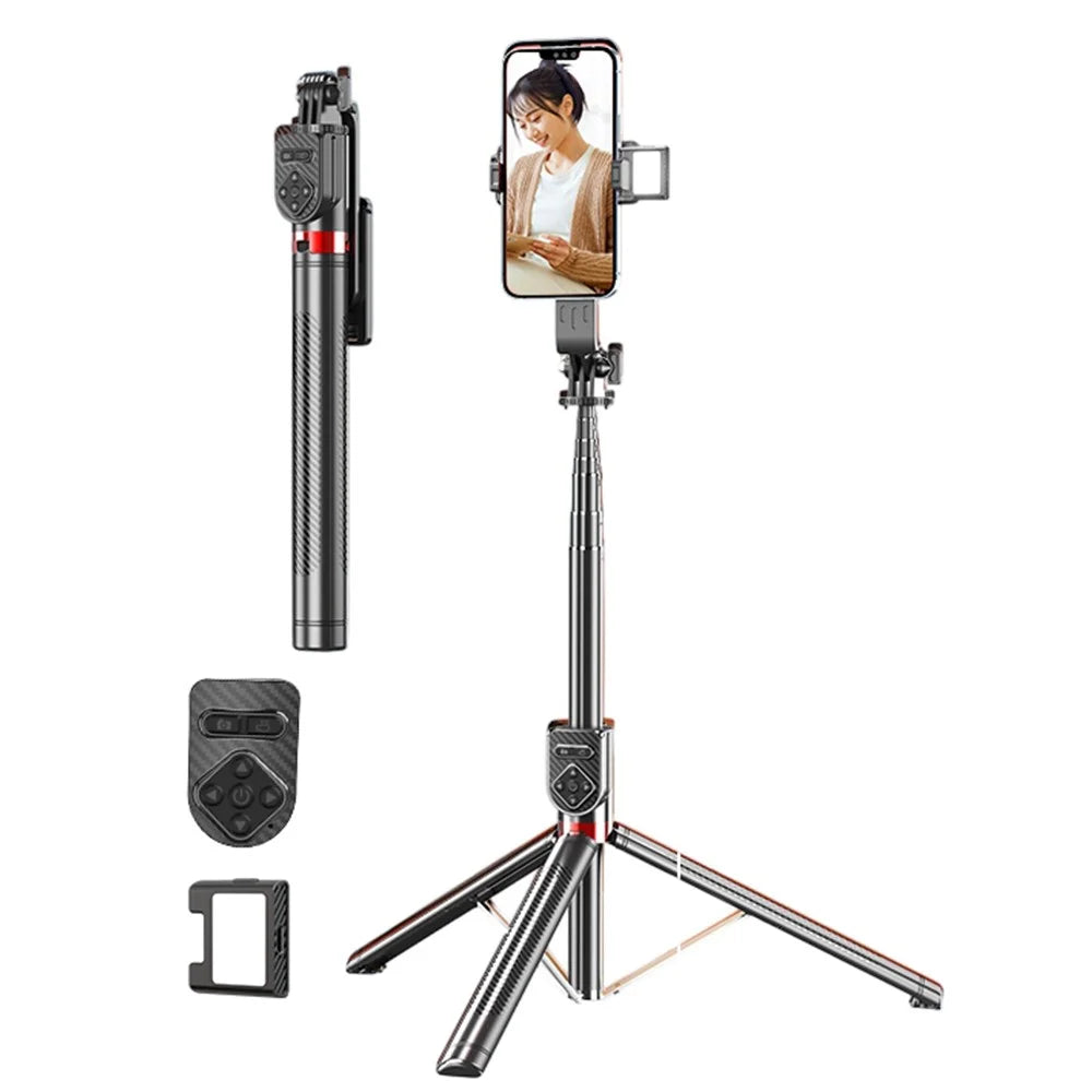 P100TK 360 Degree Rotation Anti Shake Phone Tripod Stand Bluetooth-compatible Selfie Stick with Single V1 Fill Light - 1
