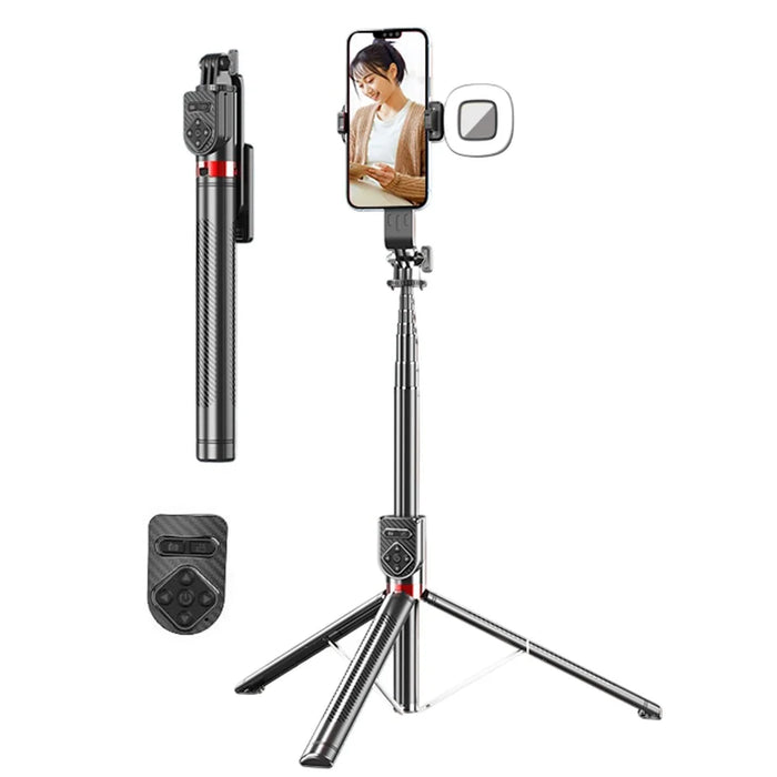 P100TK Anti Shake Phone Tripod Stand Retractable Bluetooth-compatible Selfie Stick with Single Square Fill Light - 1
