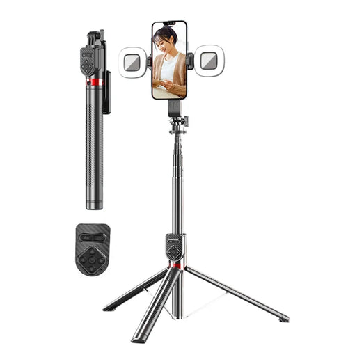 P100TK Anti Shake Phone Tripod Stand Retractable Bluetooth-compatible Selfie Stick with Dual Square Fill Light - 1