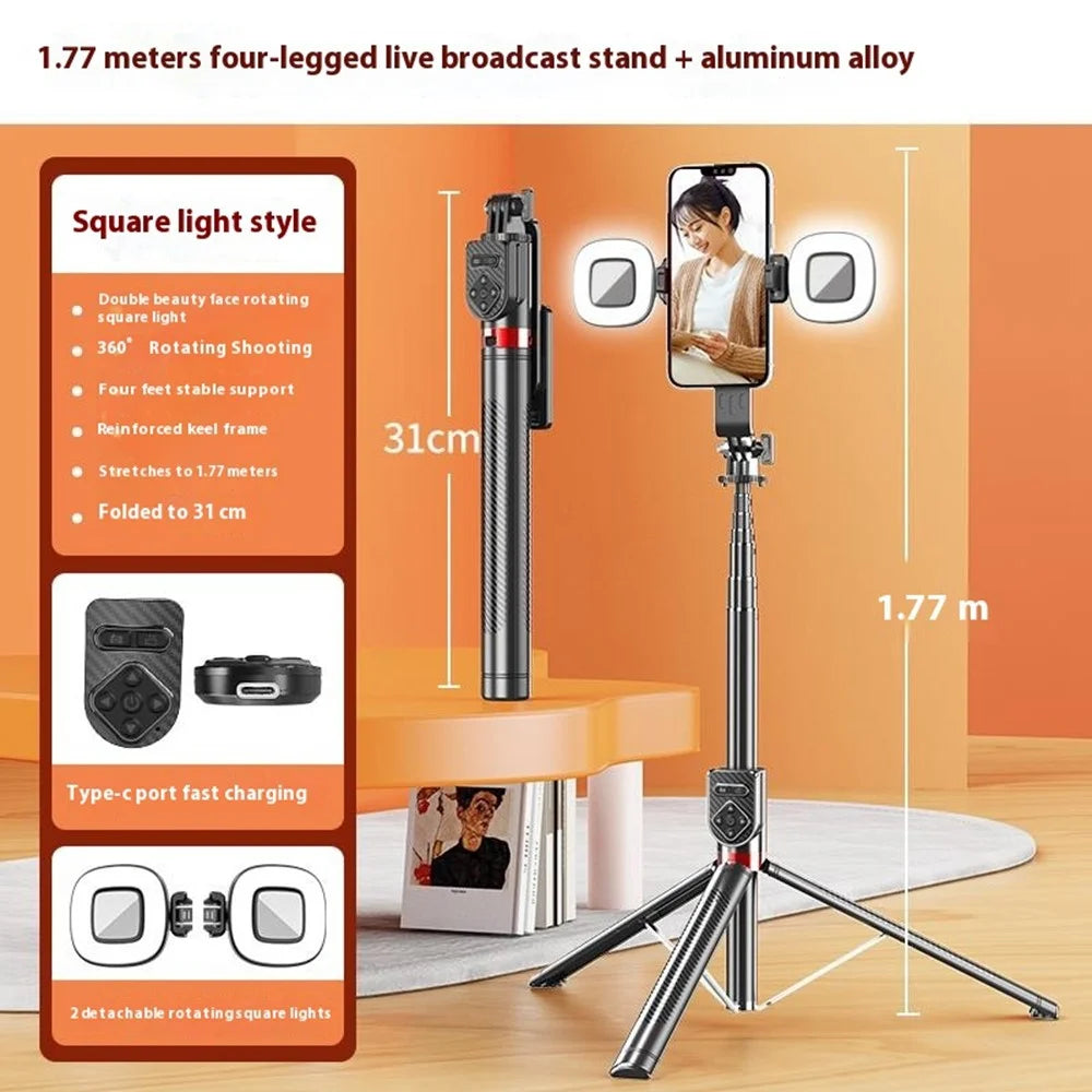 P100TK Anti Shake Phone Tripod Stand Retractable Bluetooth-compatible Selfie Stick with Dual Square Fill Light - 2
