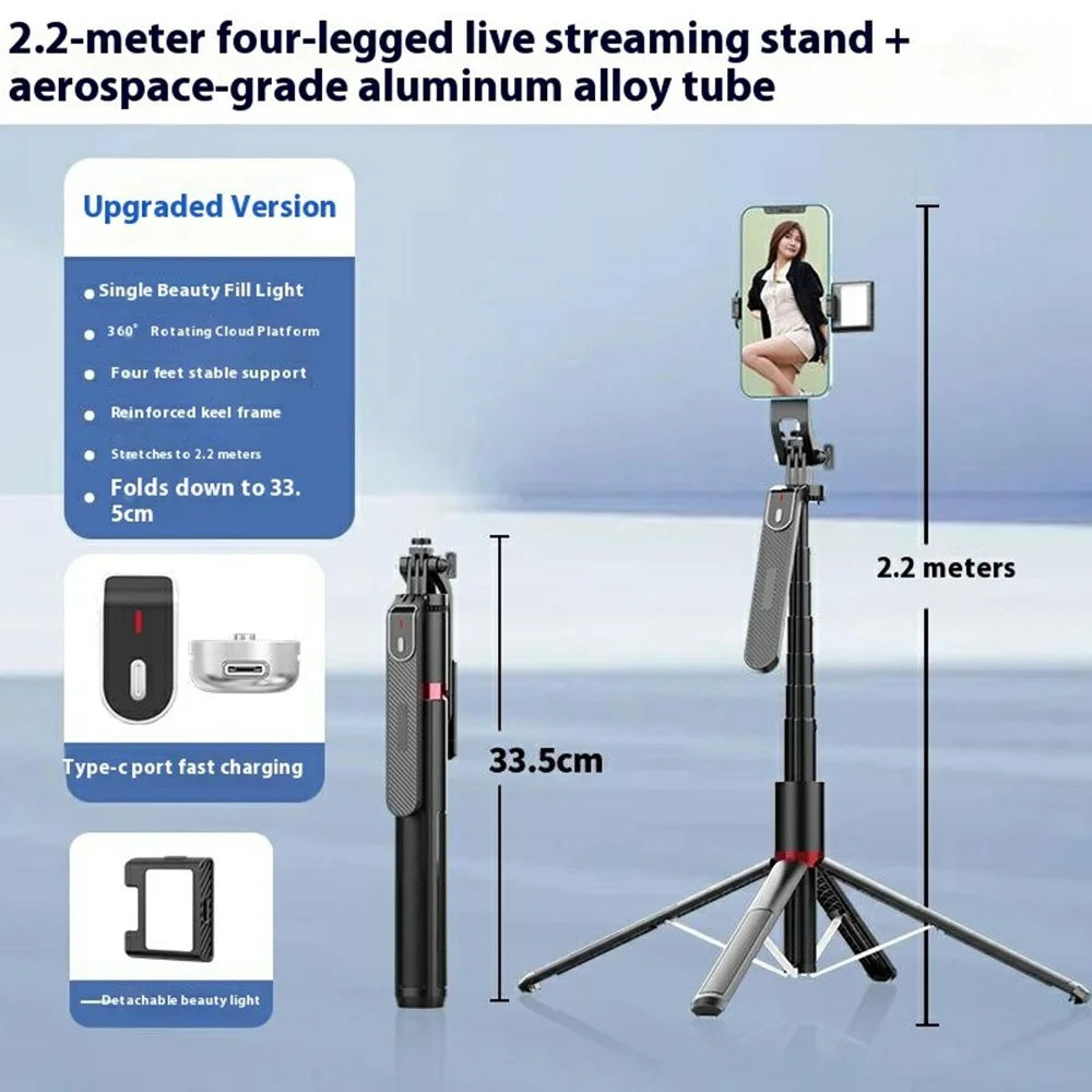 P185MAX Single V1 Fill Light 2.2m Extendable Bluetooth-Compatible Phone Selfie Stick Anti Shake Aluminum Alloy Stand - 2