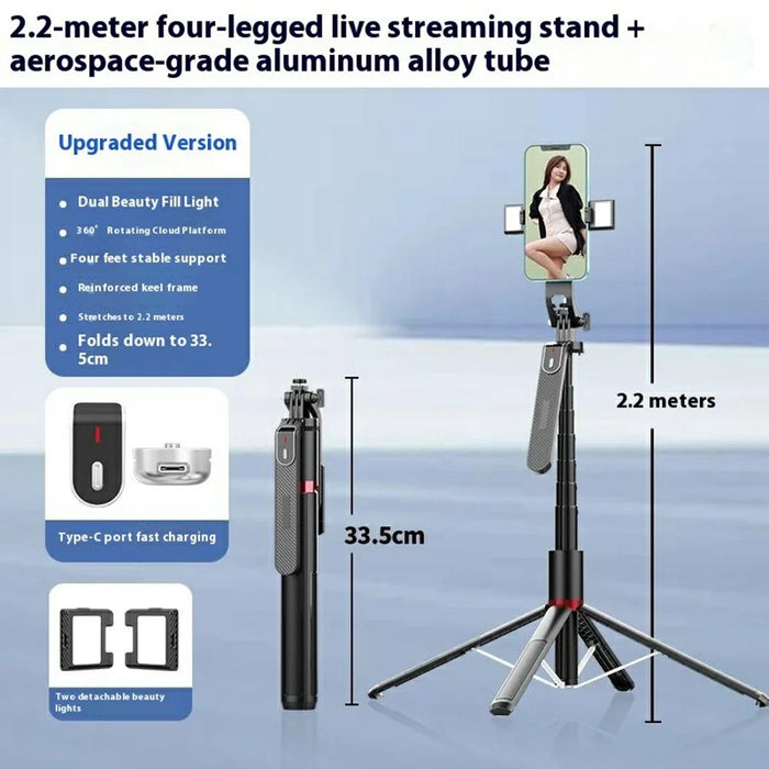 P185MAX Dual V2 Fill Light 2.2m Extendable Bluetooth-Compatible Phone Selfie Stick Anti Shake Aluminum Alloy Stand - 2