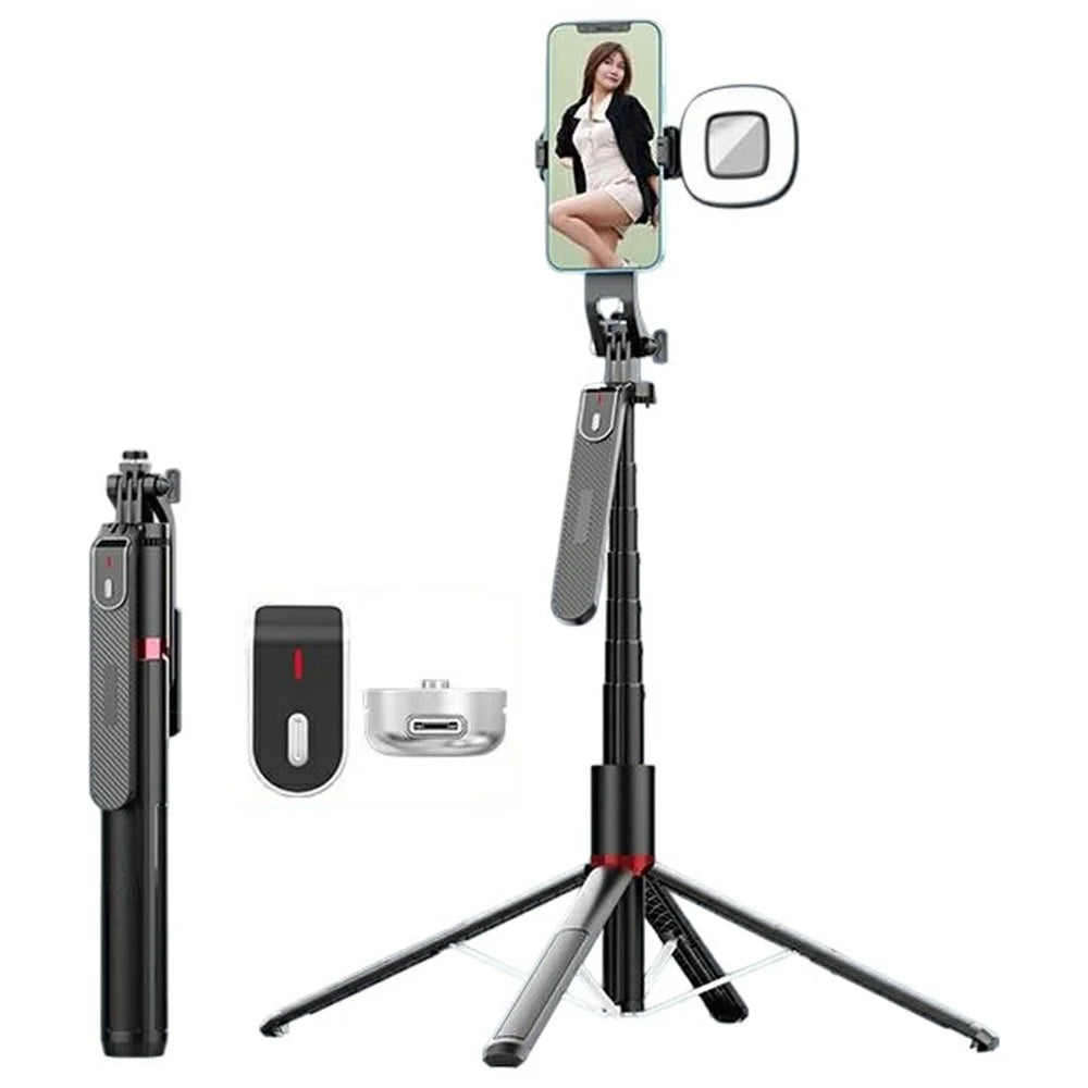 P185MAX 2.2m Extendable Bluetooth-Compatible Phone Selfie Stick Anti Shake Aluminum Alloy Stand with 1 Square Fill Light - 1