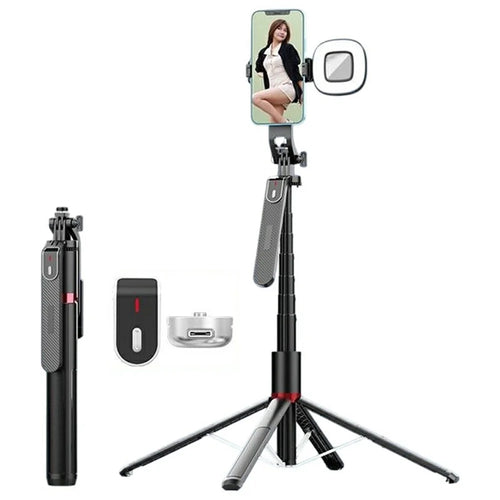 P185MAX 2.2m Extendable Bluetooth-Compatible Phone Selfie Stick Anti Shake Aluminum Alloy Stand with 1 Square Fill Light - 1