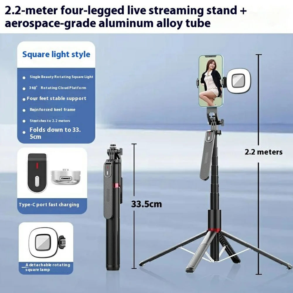 P185MAX 2.2m Extendable Bluetooth-Compatible Phone Selfie Stick Anti Shake Aluminum Alloy Stand with 1 Square Fill Light - 2