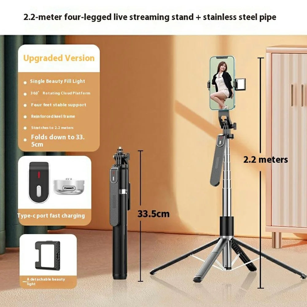 P180MAX Single V1 Fill Light Phone Selfie Stick 2.2m Extendable Live Streaming Foldable 4-Leg Stand - 2