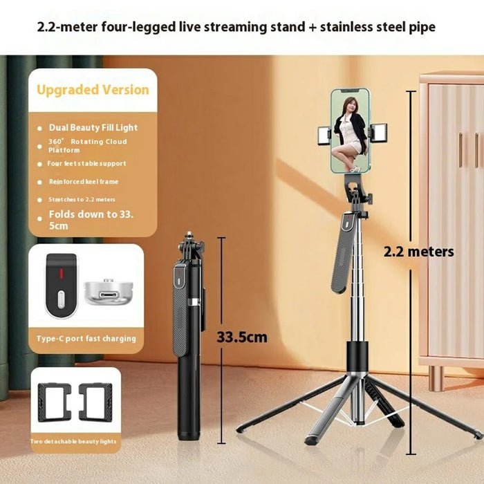 P180MAX Dual V2 Fill Light Phone Selfie Stick 2.2m Extendable Live Streaming Foldable 4-Leg Stand - 2