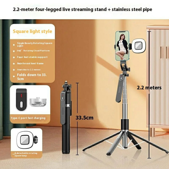 P180MAX Phone Selfie Stick 2.2m Extendable Live Streaming Foldable 4-Leg Stand with 1 Square Fill Light - 2