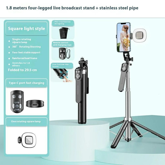 P180TK Phone Selfie Stick Bluetooth-Compatible TikTok Remote Control Extendable Stand with 1 Square Fill Light - 2