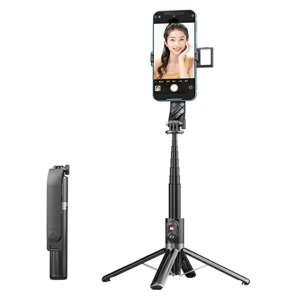 P07MAX Single V1 Fill Light Bluetooth-Compatible Selfie Stick Smartphones Remote Control Extendable 4-Leg Stand - Black - 1