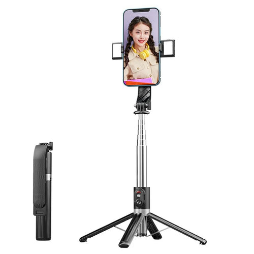 P06max Dual V2 Fill Light 140cm Extendable Selfie Stick Smartphones Bluetooth-Compatible Remote Control Stand - Black - 1