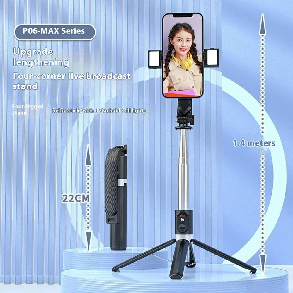 P06max Dual V2 Fill Light 140cm Extendable Selfie Stick Smartphones Bluetooth-Compatible Remote Control Stand - Black - 7