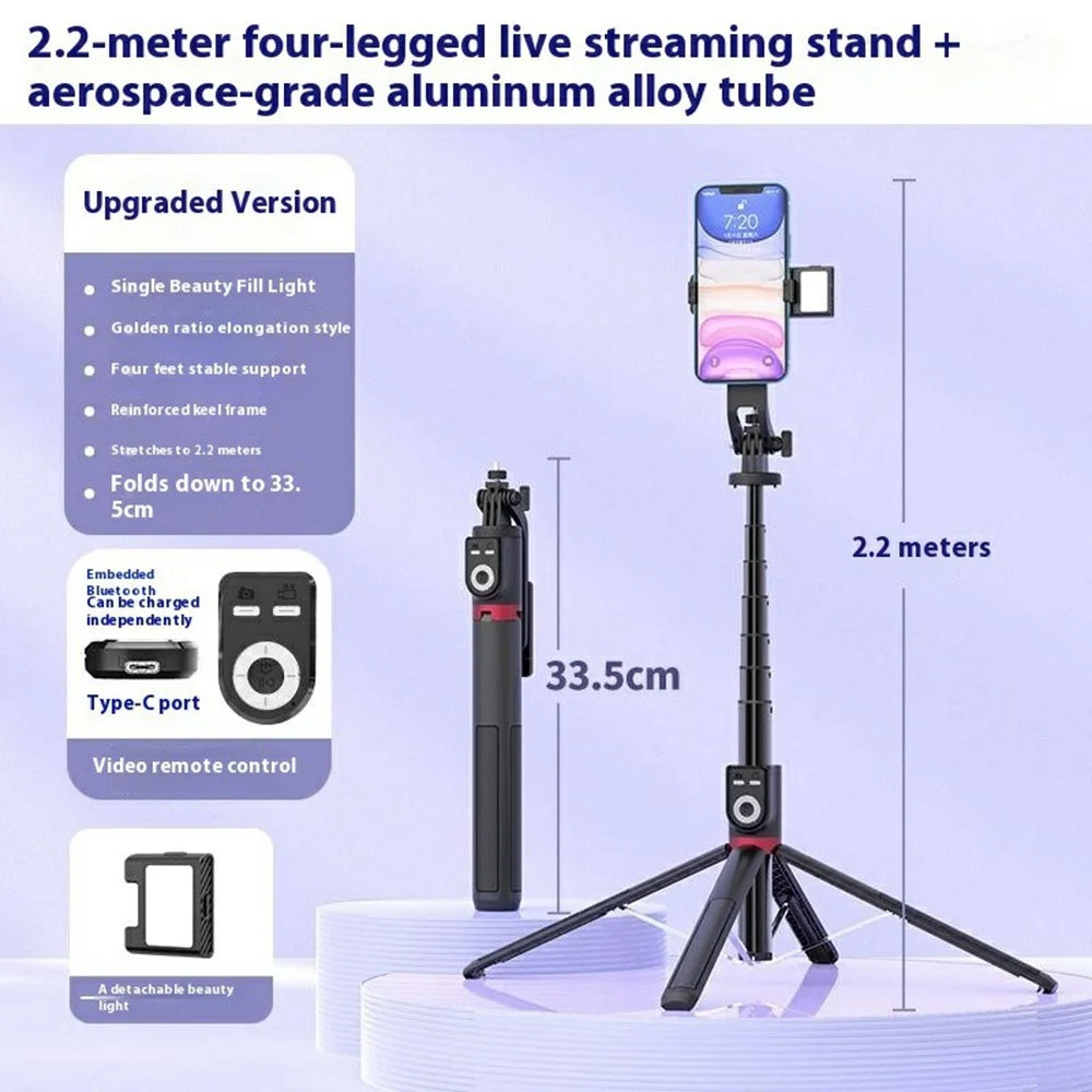 P225TK Single V1 Fill Light Portable Phone Selfie Stick Extended Aluminum Alloy Stand with TikTok Remote Control - 2