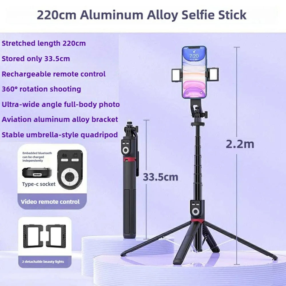 P225TK Dual V2 Fill Light Portable Phone Selfie Stick Extended Aluminum Alloy Stand with TikTok Remote Control - 2