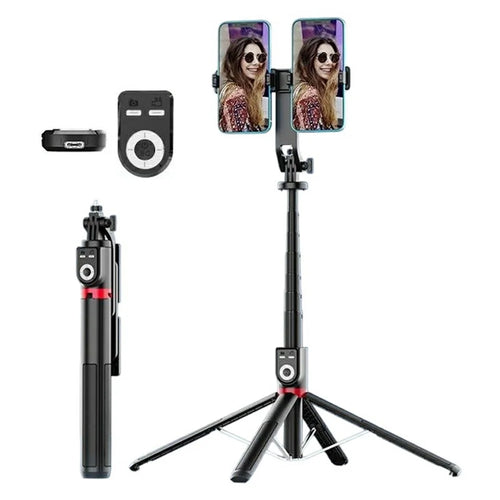 P225TK Dual Phone Clip Portable Selfie Stick Extended Aluminum Alloy Stand with TikTok Remote Control - 1
