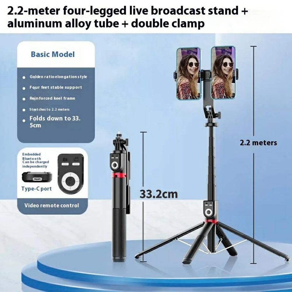P225TK Dual Phone Clip Portable Selfie Stick Extended Aluminum Alloy Stand with TikTok Remote Control - 2