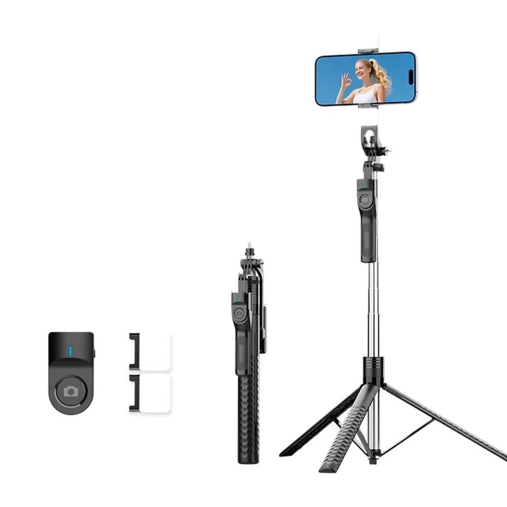 K50 Single Phone Clip Bluetooth-Compatible Selfie Stick 1.9m Extendable Tripod with 2 Fill Lights - Black - 1