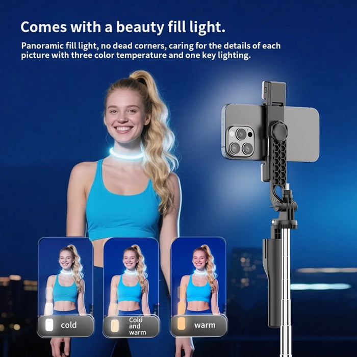 K50 Single Phone Clip Bluetooth-Compatible Selfie Stick 1.9m Extendable Tripod with 2 Fill Lights - Black - 4