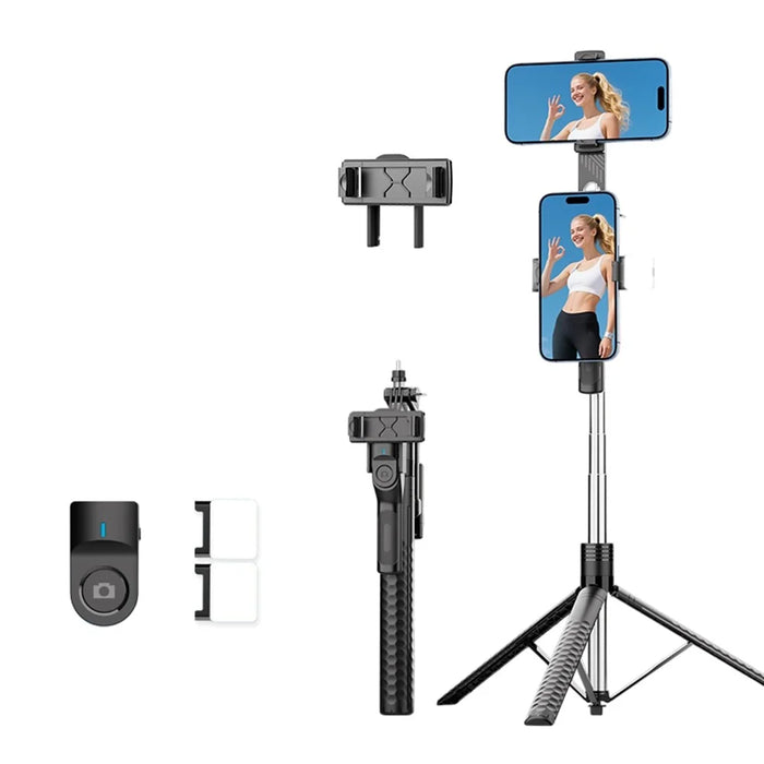 K50 Dual Phone Clip Bluetooth-Compatible Selfie Stick 1.9m Extendable Tripod with 2 Fill Lights - Black - 1