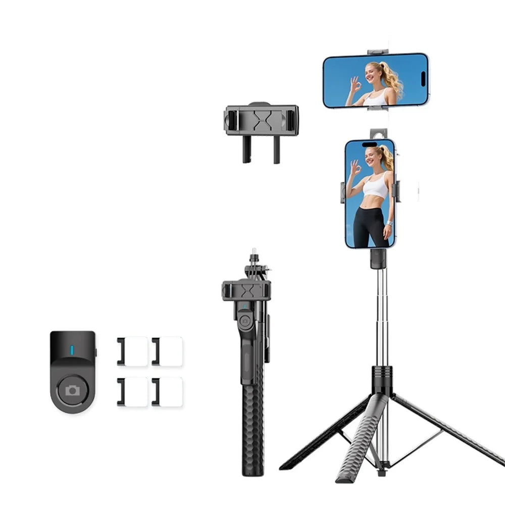K50 Dual Phone Clip Bluetooth-Compatible Selfie Stick 1.9m Extendable Tripod with 4 Fill Lights - Black - 1