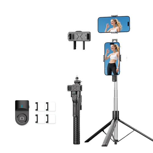 K50 Dual Phone Clip Bluetooth-Compatible Selfie Stick 1.9m Extendable Tripod with 4 Fill Lights - Black - 1