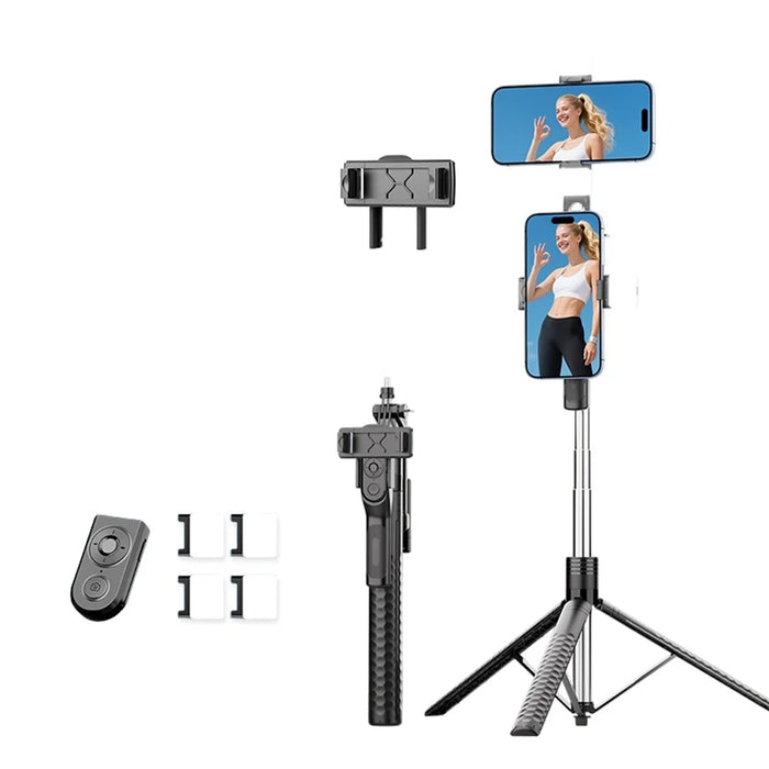 K50 Dual Phone Clip TikTok Bluetooth-Compatible Selfie Stick 1.9m Extendable Tripod with 4 Fill Lights - Black - 1